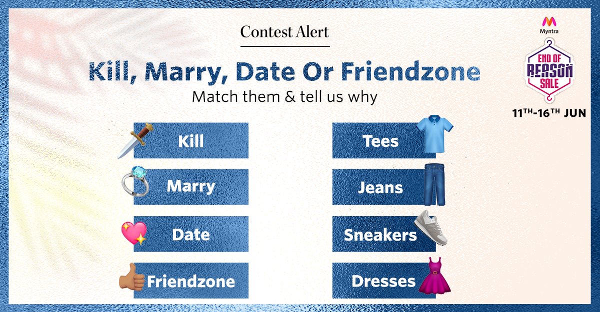 myntra's tweet photo. PHEW, thankfully this is a just a game! 😅 Get quirky with your answers &amp; 3 winners stand a chance to WIN Myntra Gift Vouchers of Rs. 5K each!
Use #MyntraEORSisLIVE #BiggestSaleOnMyntra
+ follow @myntra to qualify.
#Contest #ContestAlert #ContestAlertIndia https://t.co/z16WkLySri