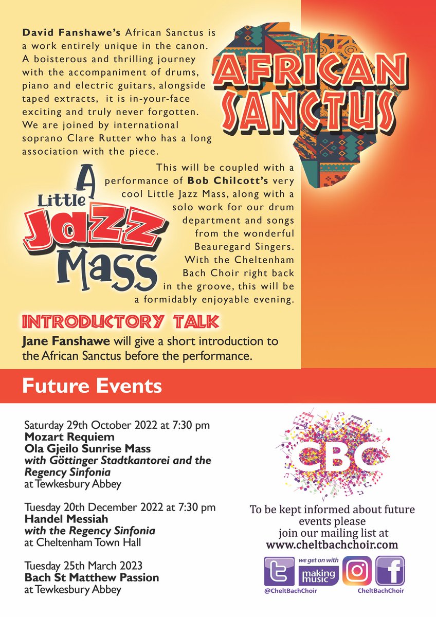 Three weeks today, we perform these two fabulous pieces at @CheltenhamTH together with Backbeat Percussion Quartet, Beauregard Singers & @_Claire_Rutter. Why not treat the family to something a bit different? cheltenhamtownhall.org.uk/event/african-… #AfricanSanctus #ALittleJazzMass #Cheltenham