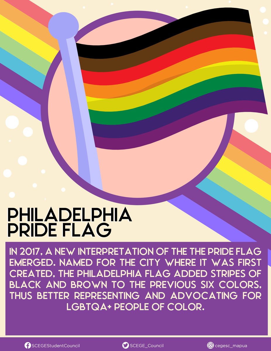 SCEGE_Council's tweet photo. BEYOND THE RAINBOW: COLORS OF PRIDE

The pride flag and its colors represent the diversity of the individuals who identify as part of the
LGBTQIA+ community.

Show off your pride by knowing your flag, and learn about the flags that represented the LGBTQA+ Community. https://t.co/8SU6BKB9Yz