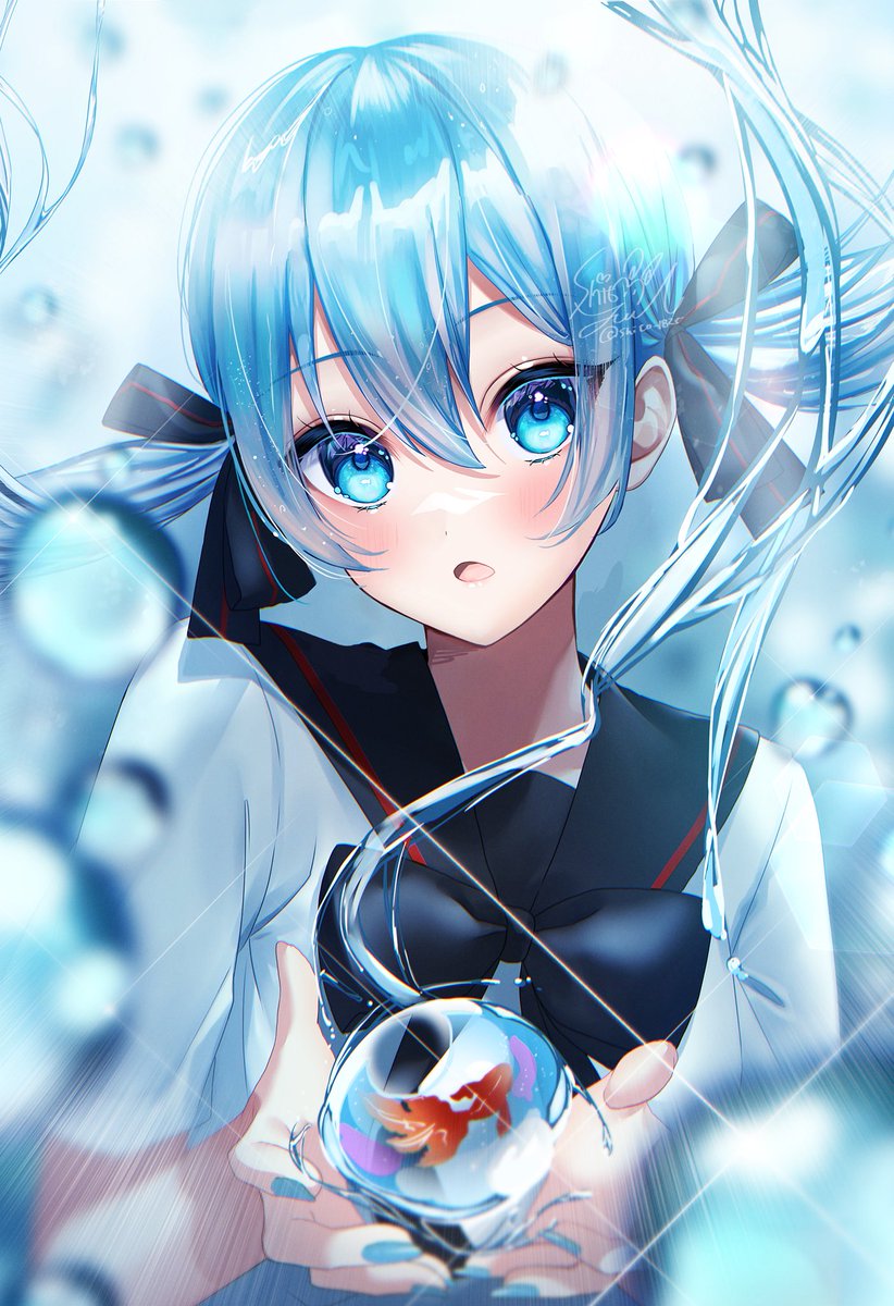 hatsune miku 1girl solo goldfish fish twintails long hair blue hair  illustration images