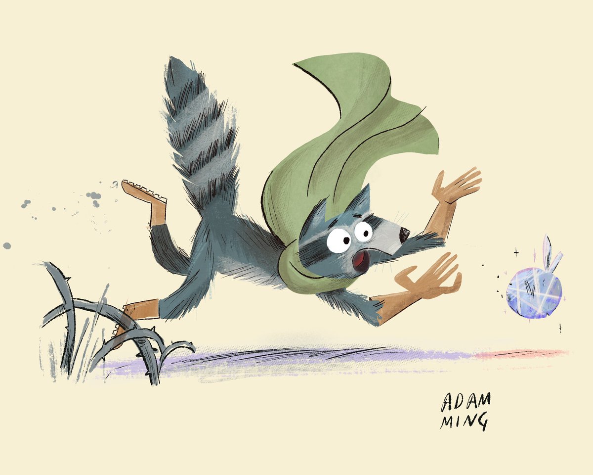 AdamMingArt's tweet photo. Racoon drooped the enchanted apple @artthatsells #illoguild #kidlitart #mg #pb https://t.co/9iAVpM0N3u