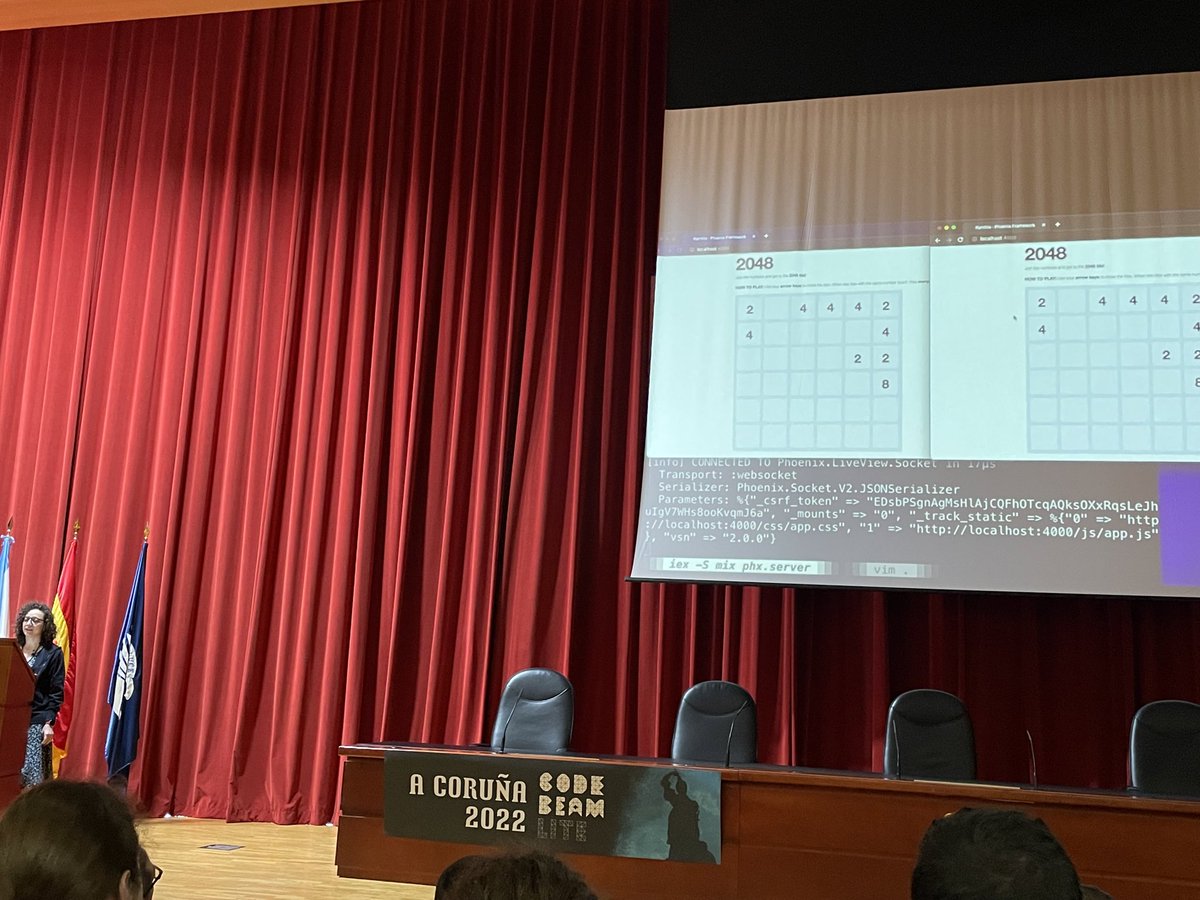 ecamacho's tweet photo. @AnayeliMalvaez presentando un Demo de comunicación en tiempo real con Phoenix LiveView: el juego 2048 en la #codebeamcorunha2022 https://t.co/T9Y7TBYOST