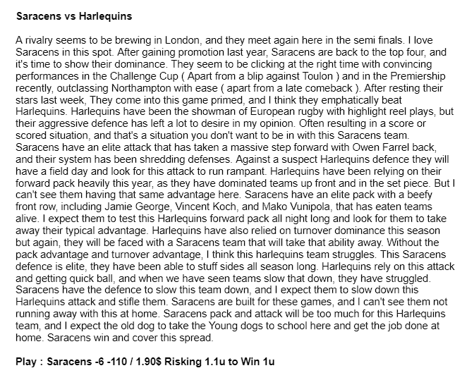 🏴󠁧󠁢󠁥󠁮󠁧󠁿 Gallagher Premiership Rugby 🏉 #GallagherPrem
Saracens 💫 vs Harlequins 🃏
Play : Saracens -6 -110 / 1.90$ ( TopSport ) Risking 1.1u to Win 1u
Would still play at current #
GL if tailing
