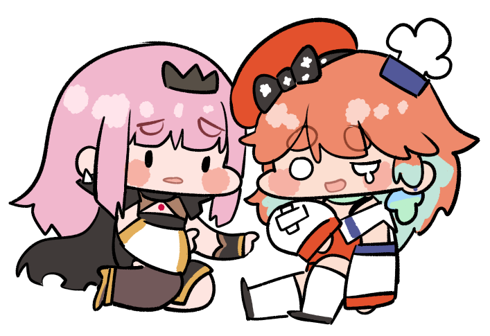 mori calliope ,takanashi kiara multiple girls 2girls pink hair chef hat hat chibi orange hair  illustration images