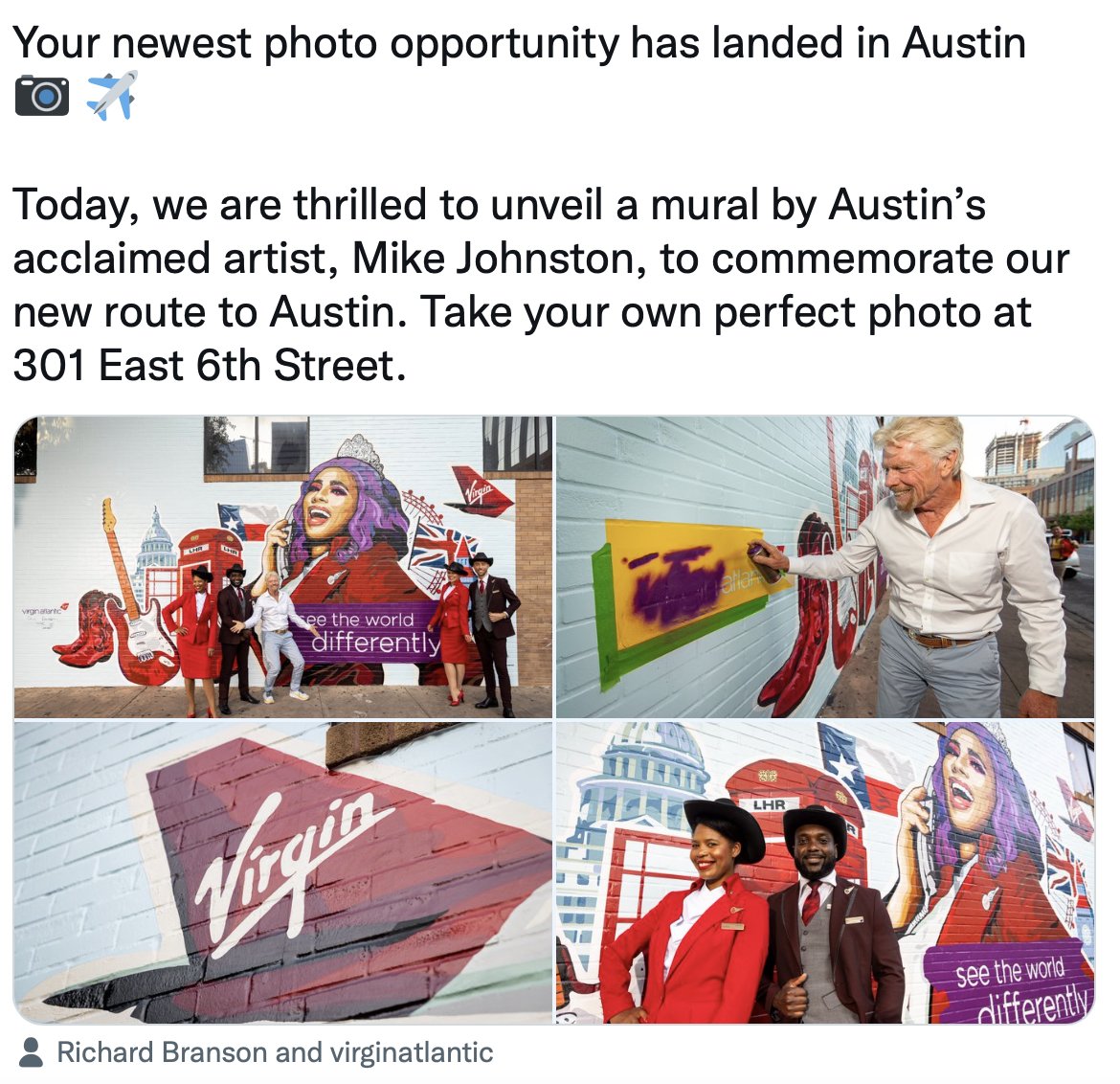 MDSG_eu's tweet photo. Great news &amp; love this activation!! From @virginatlantic 'Your newest photo opportunity in Austin 📷 ✈️. We are thrilled to unveil a mural by Austin’s acclaimed artist, Mike Johnston, to commemorate our new route to Austin.' #visitaustin #trueaustin  https://t.co/5SjsF4nwBe https://t.co/IbUa1qM3J4