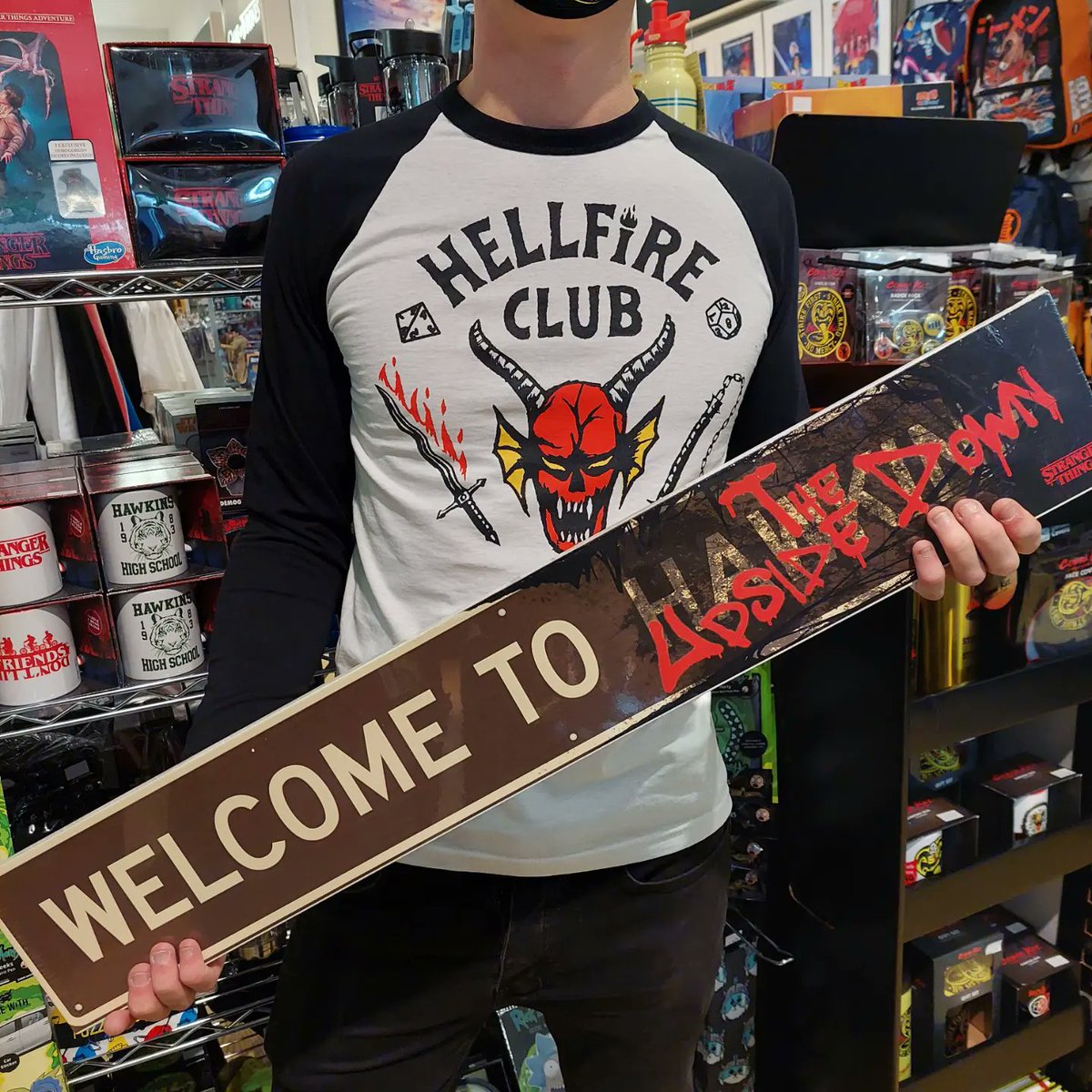 TVMCardiff's tweet photo. Our most popular shirt is BACK IN STOCK. Join the Hellfire Club and get your shirt from TVM Cardiff, before they all sell out! #StrangerThings4 #HellfireClub https://t.co/oOE1V3dpTz