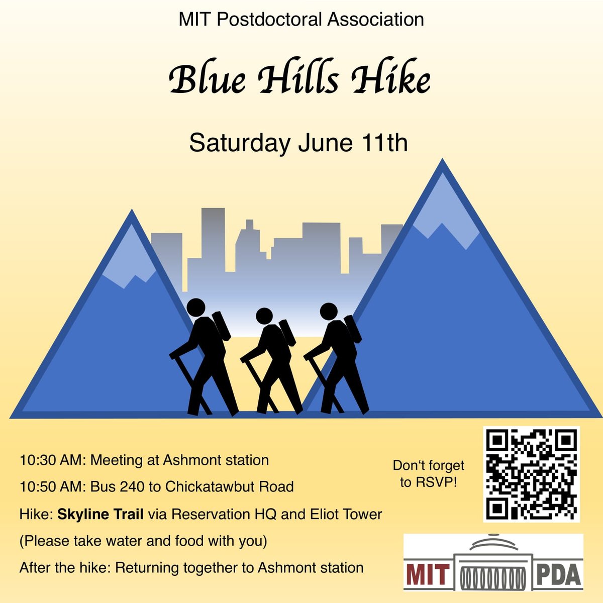 MITPDA's tweet image. MIT PDA is inviting you to a hike trough the Blue Hills Reservation. Enjoy the amazing view on the Skyline Trial together with other postdocs and friends (everyone is welcome). Registration link: forms.gle/P33JMRkry3yZ7B…
Contact: psteg@mit.edu