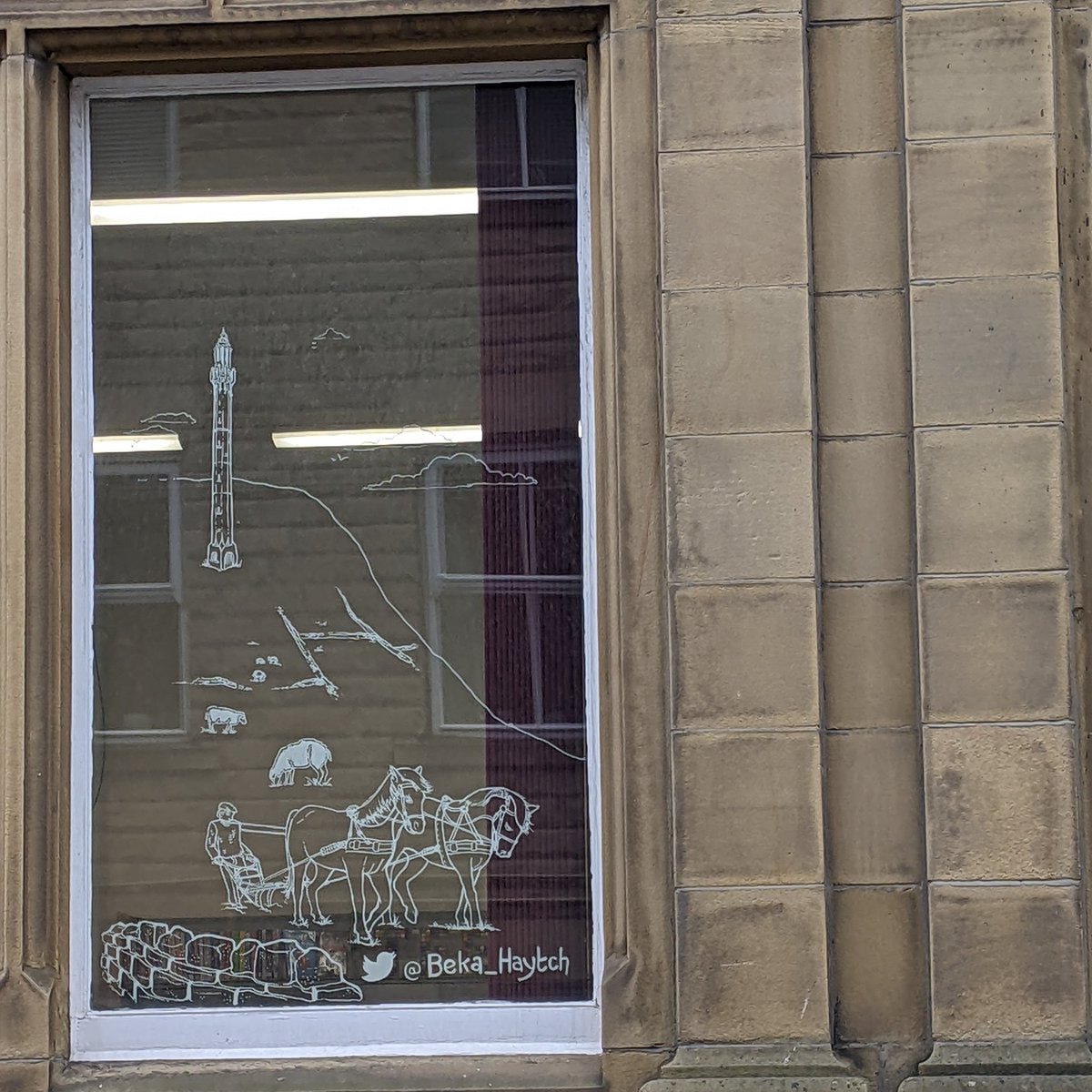 My first day of illustrating the windows at Sowerby Bridge Library... Past, present and future of the town across 6 windows as part of a commission for the brilliant @sbhshaz. I'm here tomorrow all day too - come and say hello! @CMBClibraries @SBfireandwater #SBJubilee