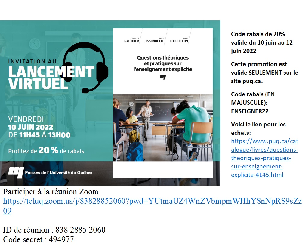 Code rabais de 20 % (ENSEIGNER22) pour se procurer le volume et lien zoom pour participer au lancement teluq.zoom.us/j/83828852060?…