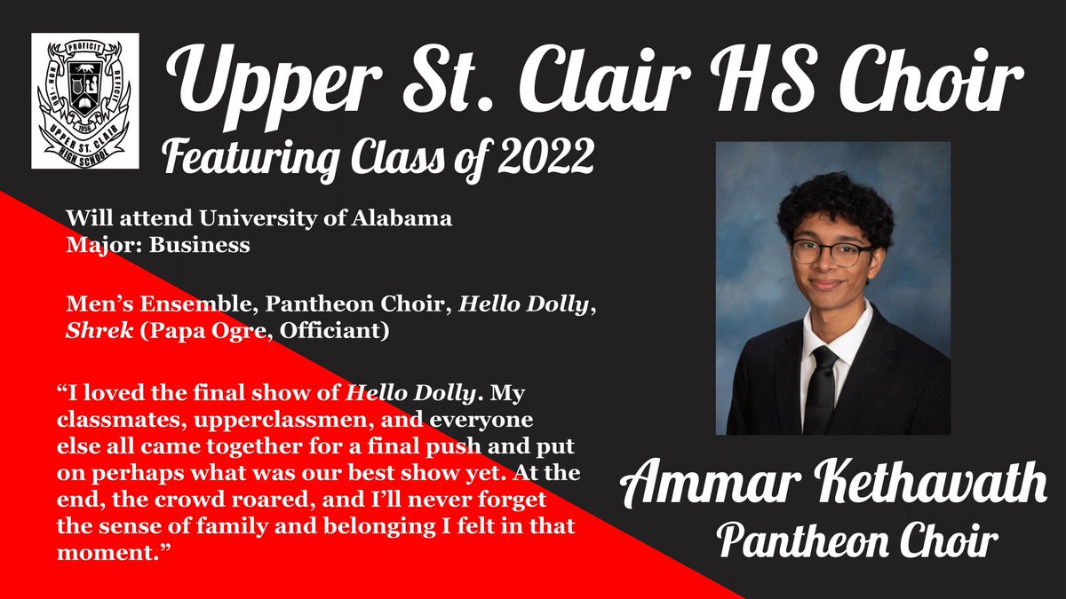 MillieMouse4's tweet photo. Celebrating our 2022 Upper St. Clair HS Choir Seniors! Congratulations, Ammar! ❤️ #uschschoir https://t.co/zCfMCZMS6p