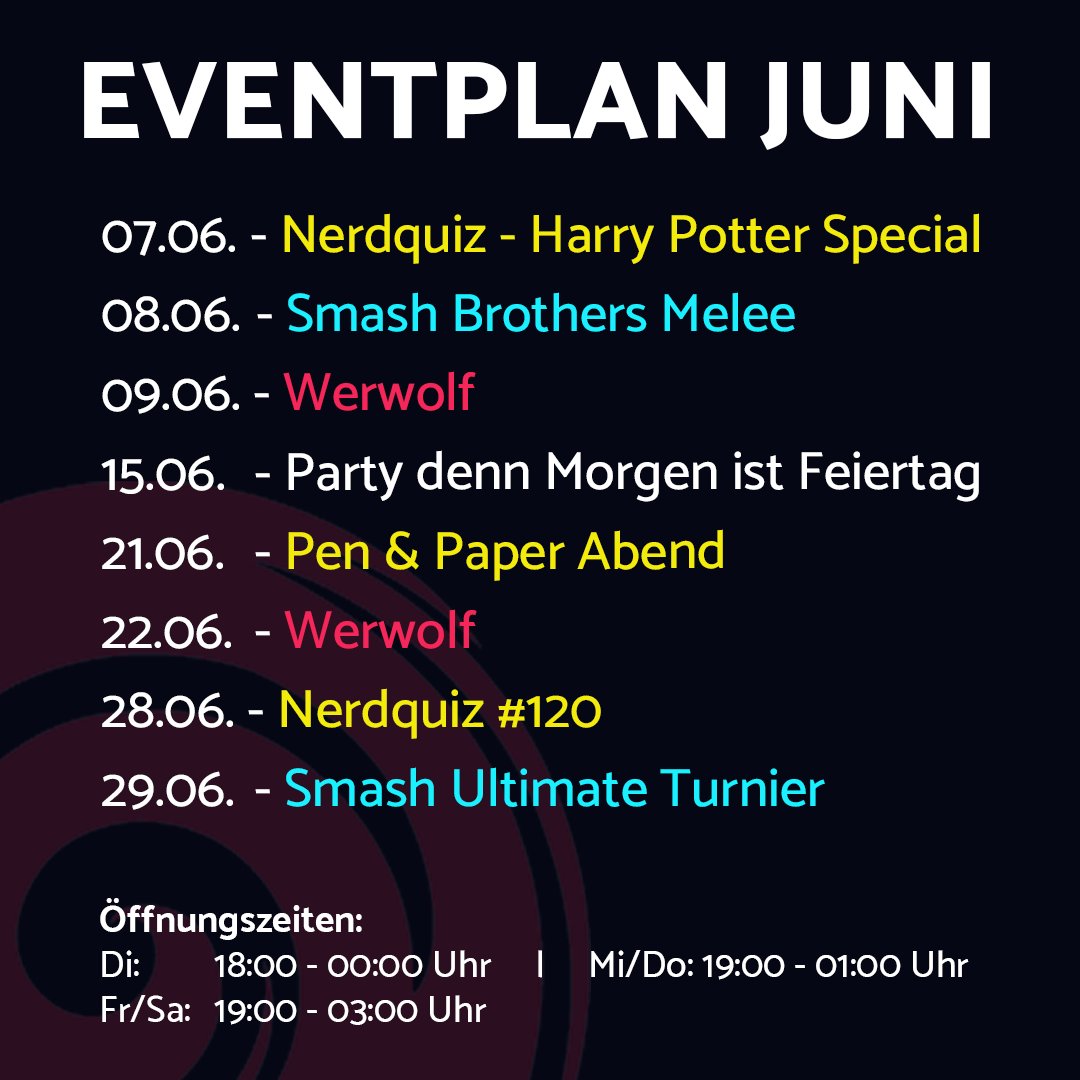 Sehet hin und erfreuet euch an einem prall gefüllten Monatsplan. Strömet herbei und nehmet Teil an neuen alten Events, an alten neuen Events oder ignorieret alle Events und kehret einfach nur ein um dem Gerstensaft und bunten Getränken zu frönen. Juchee!
