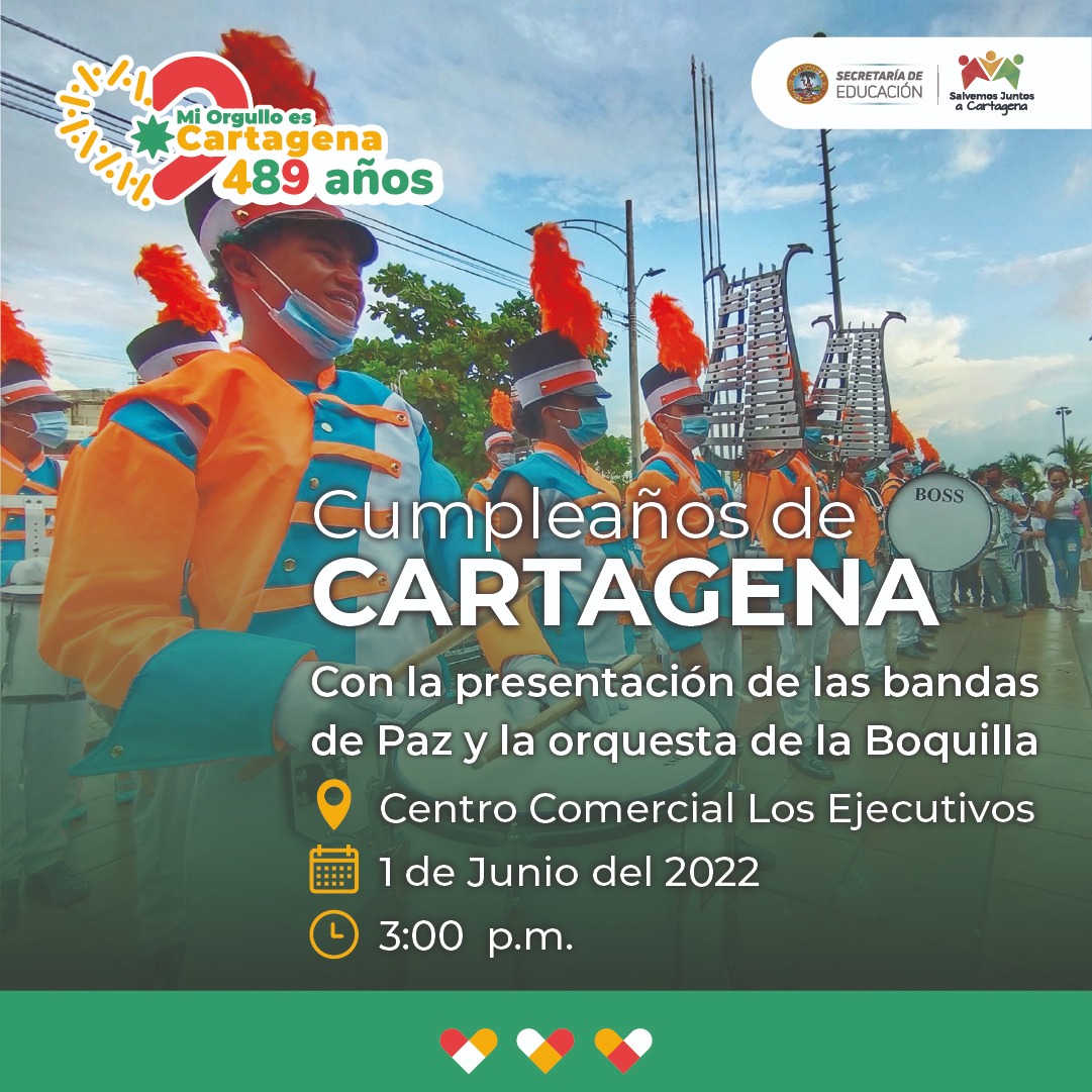 seceducacionctg's tweet image. Acompaña este primero de junio a las bandas de paz y orquestas de las escuelas públicas a celebrar el cumpleaños 489 de la fundación de #Cartagena. Tendremos una gran programación para toda la ciudadanía.

 #MiOrgulloEsCartagena #FormandoConAmor #CartagenaVaPaLante