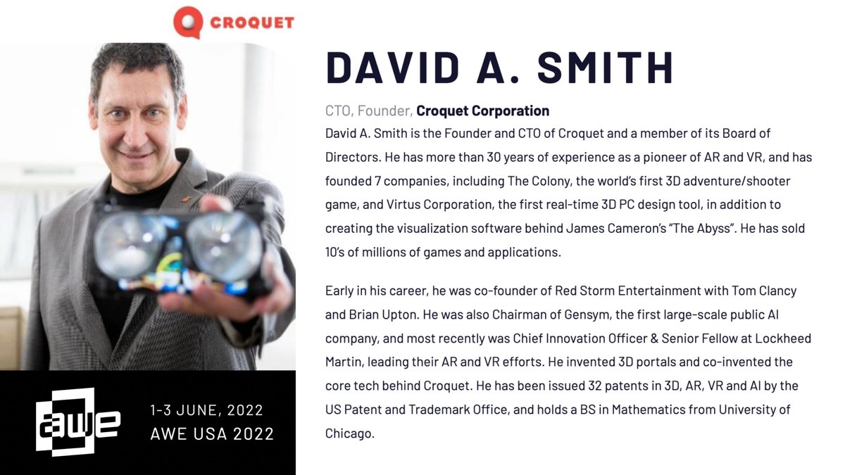 CroquetIO's tweet photo. Just a few more days until @CroquetIO Founder & CTO David A. Smith (@gocroquet) speaks at @ARealityEvent.
Get your tickets at https://t.co/thRPD16esN.
#AWE2022 #CroquetOS #MicroverseBuilder #Metaverse #Browser #Web #WebXR #JavaScript #5G #AR #VR #XR https://t.co/uDOtaEbY3j