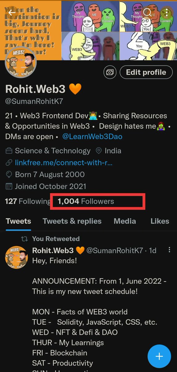 SumanRohitK7's tweet photo. We finally did it ๐ฅ๐ฅ๐๐
1000 Strong Fam!
I love you all so much ๐๐๐งก๐งก
Stay tuned from 1, June
You will get lot of useful information from me.
We learn together, We grow together.
#buildweb3together ๐ฏ๐ฏ https://t.co/rr7NXiT2wV