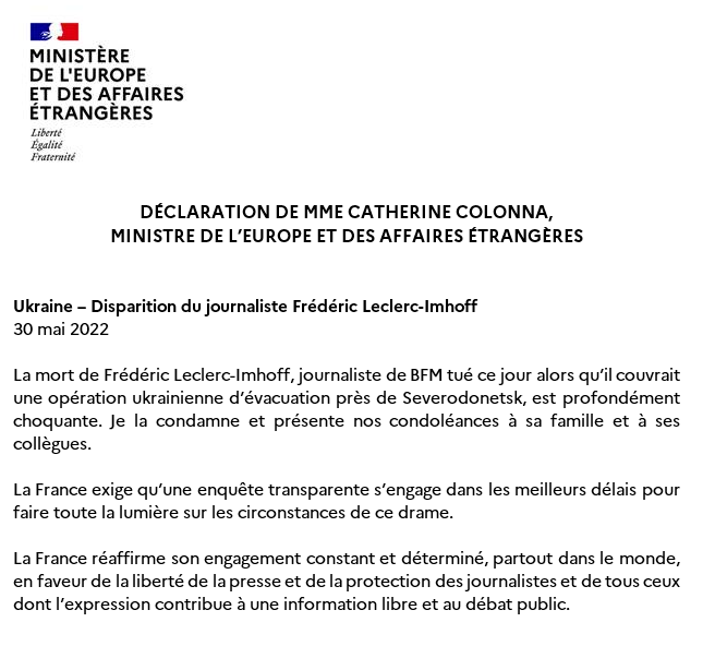 francediplo's tweet photo. #Ukraine | Décès du journaliste Frédéric Leclerc-Imhoff

Lire la déclaration de @MinColonna → https://t.co/prRmoK41wS https://t.co/iHFJNemp69