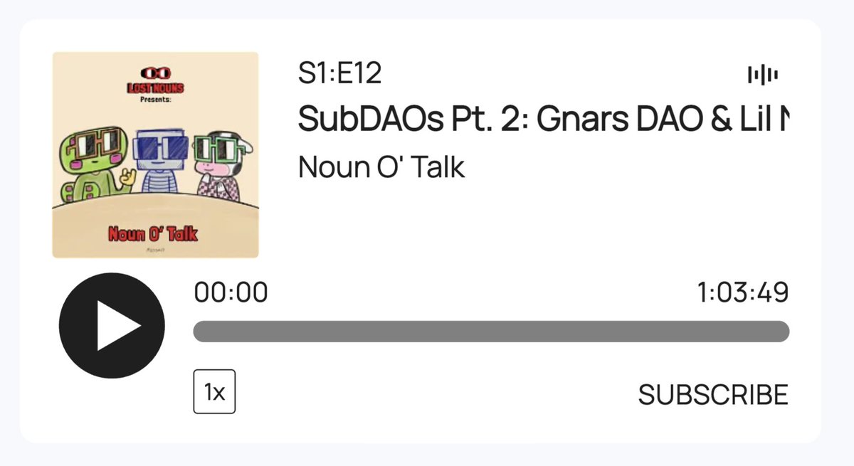 Episode 12 of the <a href="/NounsDAO/">Nouns.eth</a> podcast is live featuring <a href="/0xigami/">Gami (backup)</a> of <a href="/gnars_dao/">Gnars</a> and <a href="/adelidusiam/">Adel ⌐◨-◨</a> &amp; <a href="/0xSVG/">dot</a> of <a href="/lilnounsdao/">Lil Nouns ⌐◨-◨</a>.

Available on all podcast platforms under “Noun O’ Talk.” Hope you enjoy!