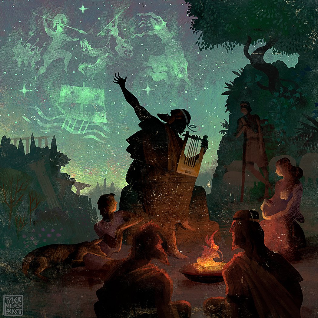 Homer, mysteriously obscured in shadow, tells a captive audience of the fabled war for ilium. (Troy)

#troy #homer #iliad #odyssey #odysseus #achilles #helen #ancientpoet #ancientgreece #classicalliterature #mythologyart #Greekmyths