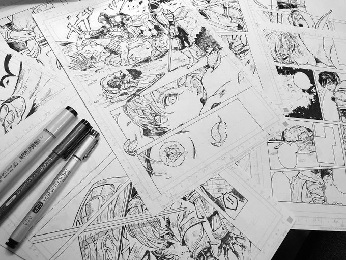 >アナログで紙に引いたようなタッチ〜
仰る通り冒頭20pぐらいまではアナログで線画描いています。部屋を暗くしてiPadの光源をトレース台代わりになかなか狂った環境でやっており…🤦使用ペンはコピックマルチライナー0.03&amp;0.05mm、ベタ部分は黒のコピックと普通のボールペン使ったりしていました 