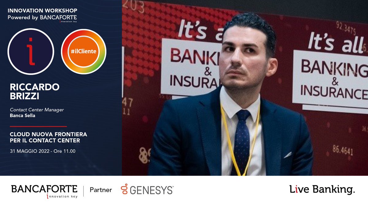 BancaforteABI's tweet photo. Ti aspettiamo domani, #31maggio, ore 11 - #direttastreaming gratuita https://t.co/xetccAijxp - all'Innovation Workshop #Bancaforte organizzato in collaborazione con #Genesys. Parleremo di #cloud e #contactcenter con #Brizzi #Sella, #DiDonato #Gensys e #Zannini #BPERBanca. https://t.co/1SBGfk5Gtv