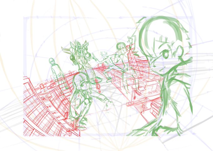 魚眼っぽいパースにチャレンジしたやつです。
難しくて何度かラフを最初から描き直した気がする。
 #このタグを見た人はラフ画とその完成絵を見せる 