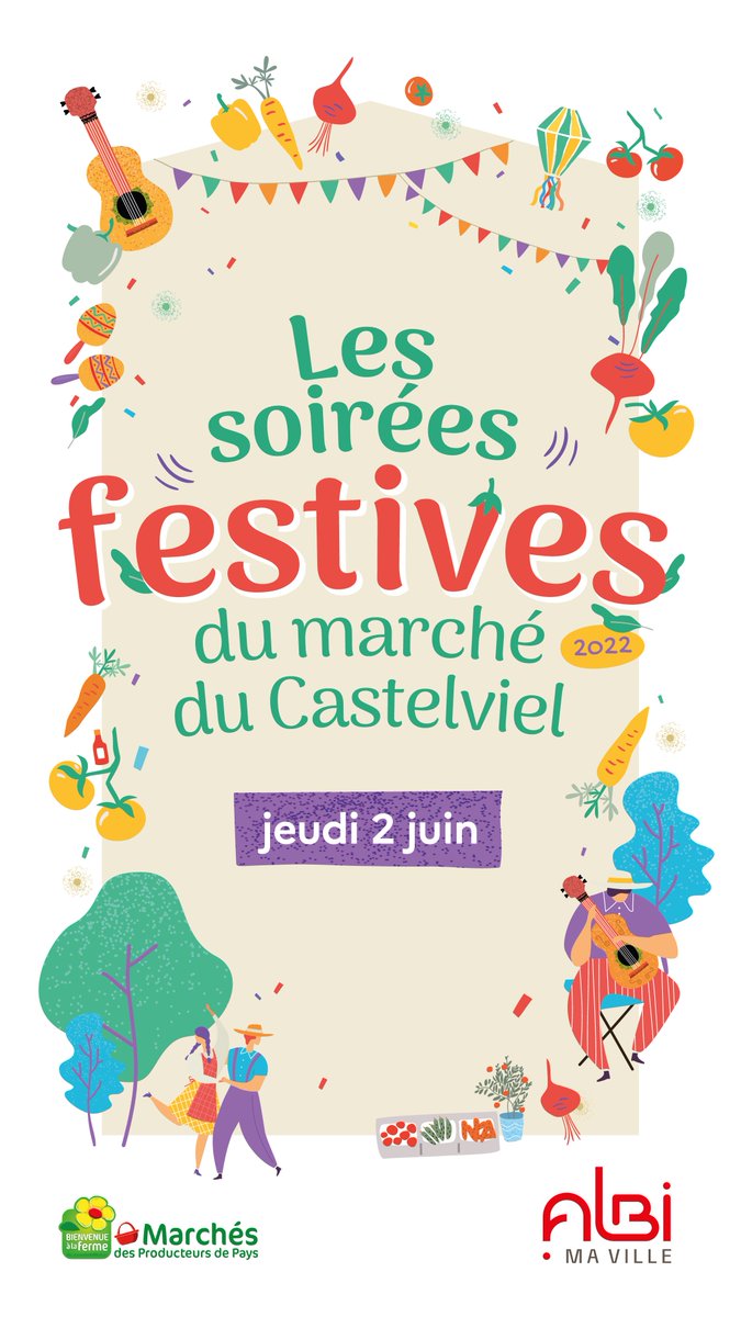 #Albi
👉Soirée festive au marché du Castelviel jeudi 2 juin, à partir de 18h.
>Marché, animation musicale et assiettes fermières préparées par les producteurs.