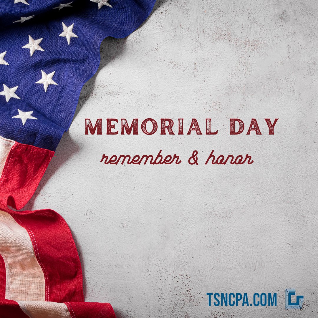 TS_N_CPAs's tweet photo. Happy Memorial Day from Thomas, Speight, and Noble CPA's
▪️
▪️
https://t.co/jCPhuEm87J💻
Tsnjbr@tsncpa.com📧
#accounting #motivation #inspritation #progress #money #spring https://t.co/BTOl4BUoU0