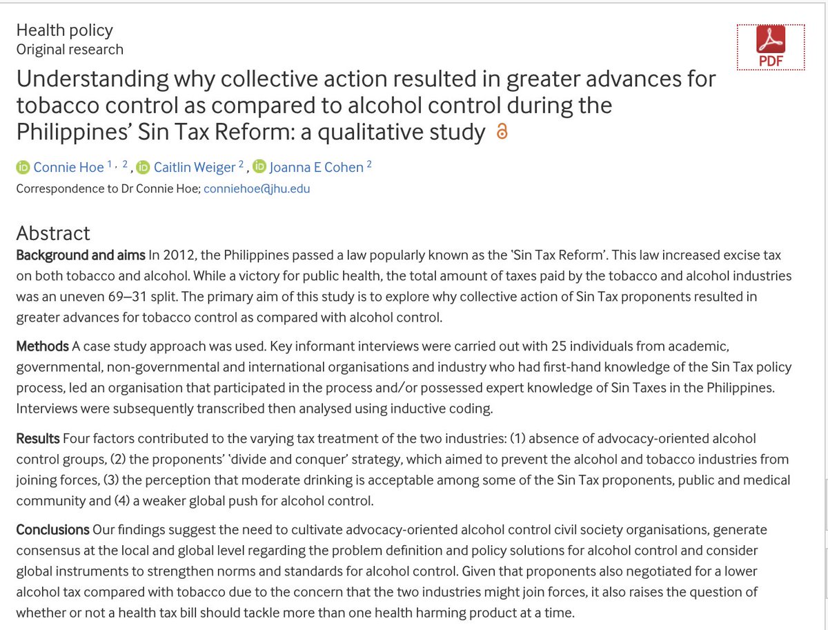 Delighted to share our new paper - 'Understanding why collective action resulted in great advances for #tobaccocontrol as compared to #alcoholcontrol during the Philippines' Sin Tax Reform' (link here bmjopen.bmj.com/content/12/5/e…) #CoDH #healthpolicy