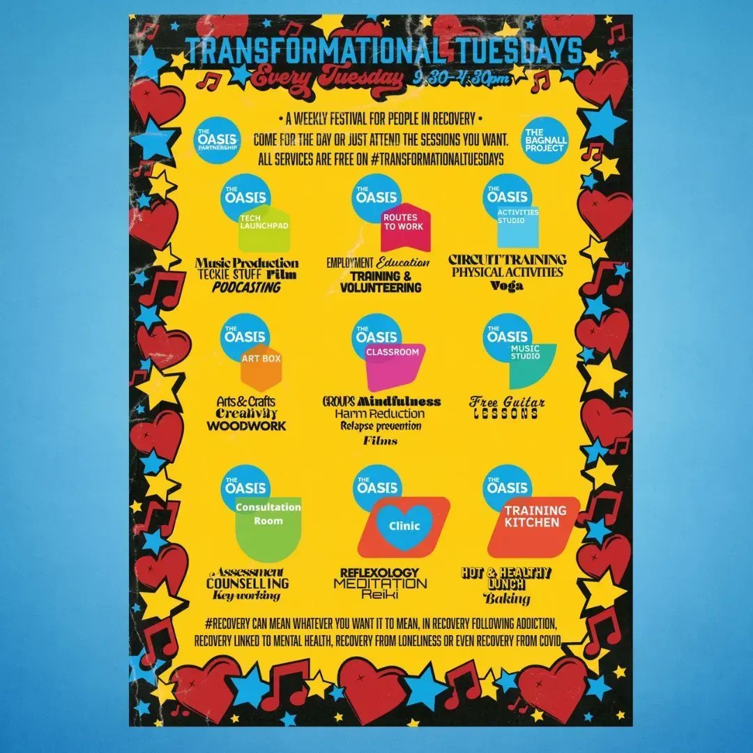 TheOasisCharity's tweet photo. ⭐️A weekly festival for people in #recovery.⭐️

Come for the day or just attend the sessions you want. 

All sessions are free on #TransformationalTuesday.

Email bagnallproject@oasispartnership.org or call 0300 666274.

#OasisPartnership #BagnallProject #support #recovery https://t.co/wXRNyv9uXh