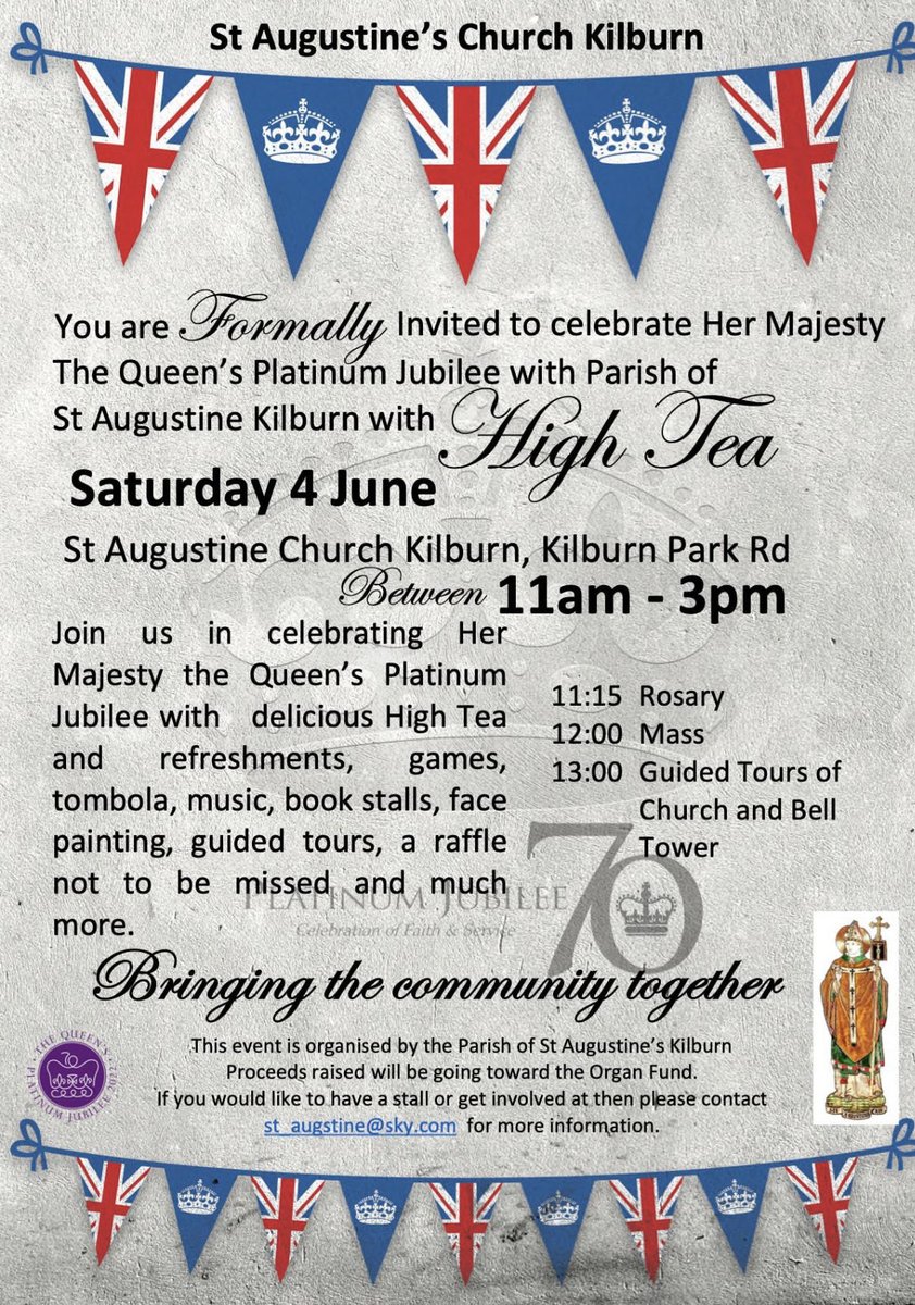 StAugustineNW6's tweet photo. #Kilburn #W9 #NW6 #Paddington and everybody invited ! #PlatinumJubilee celebrations and explorations with High Tea refreshments this Saturday ⁦⁦@dioceseoflondon⁩ All proceeds in aid of Organ Restoration Fund. Also Pentecost &amp; Jubilee Sunday 10.30am Solemn Mass with choir https://t.co/5LiaXZXCXs
