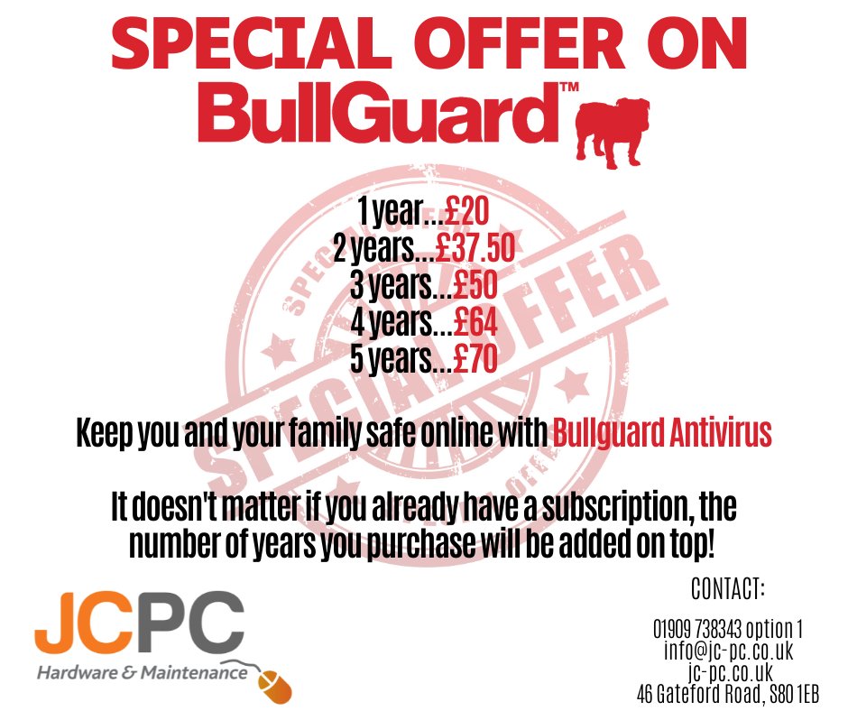 JCPCWorksop's tweet photo. SPECIAL OFFER on Bullguard Antivirus at JCPC. Limited stock available! 👀 

#JCPC #JCPCWorksop #Bullguard #Security #Antivirus #CyberSecurity https://t.co/dN5IhBklRS