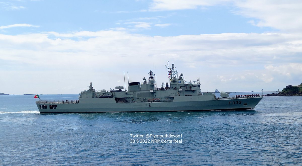 PlymouthDevon1's tweet photo. 🇵🇹 NRP Corte Real F332 inbound to Devonport Plymouth, passing Drake's Island, this morning. Peering over its bow, HNLMS Karel Doorman visible beyond the breakwater. #Plymouth #F332 #NRPCorteReal #CorteReal #NRP #Devonport @MarinhaPT https://t.co/9xLftRJBU8