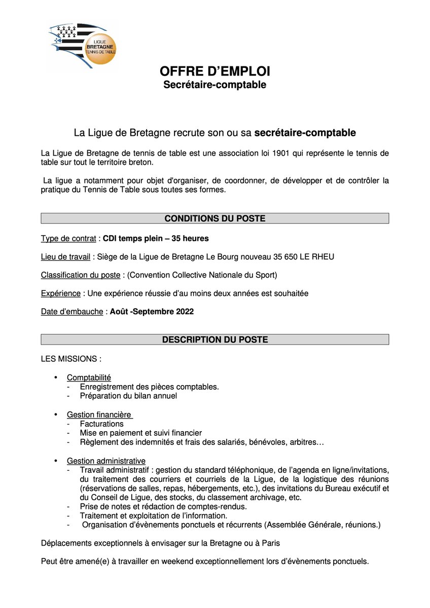 lbzhtt's tweet image. [𝗢𝗙𝗙𝗥𝗘 𝗗'𝗘𝗠𝗣𝗟𝗢𝗜] 🚨
La LBTT recrute son ou sa #secrétaire/#comptable, en #CDI, à compter de Août/Sept. 2022
Pour postuler, envoyez votre CV et lettre de motivation à 
contact@lbretagnett.com
+d'infos 👉 lbretagnett.com/2022/05/30/off…
A vos candidatures !
#OffreEmploi #sport