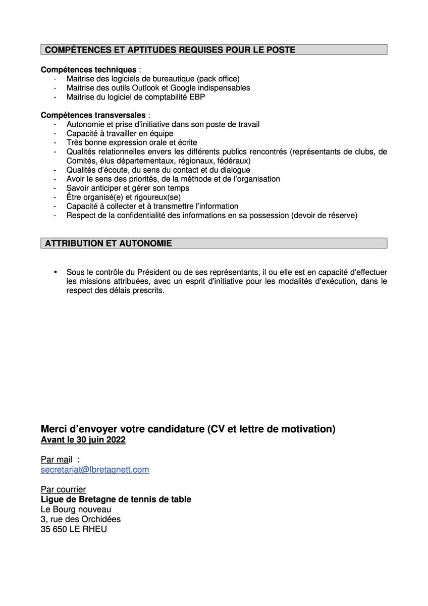 lbzhtt's tweet image. [𝗢𝗙𝗙𝗥𝗘 𝗗'𝗘𝗠𝗣𝗟𝗢𝗜] 🚨
La LBTT recrute son ou sa #secrétaire/#comptable, en #CDI, à compter de Août/Sept. 2022
Pour postuler, envoyez votre CV et lettre de motivation à 
contact@lbretagnett.com
+d'infos 👉 lbretagnett.com/2022/05/30/off…
A vos candidatures !
#OffreEmploi #sport