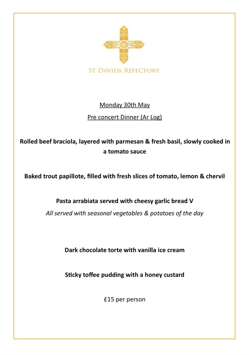 Don’t forget tonight’s pre concert dinner! Come and join us in the Refectory for two delicious courses for £15! 

Wine and dine with us before the wonderful performance of Ar Log 🎼

Hope to see you there! 🙌🏻

To book please email
refectory@stdavidscathedral.org.uk