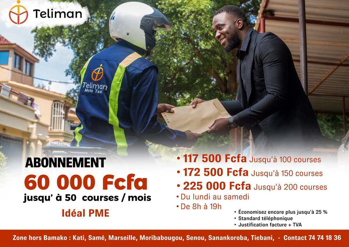 ✨Nouveau✨ Boostez votre commerce avec l’offre logistique pro et fiable de Teliman !
Livraison de vos produits en toute sécurité et confiance grâce à l'offre BtoB de Teliman!
Avec l’offre BtoB de Teliman, vous avez la possibilité d’être livré en un temps record partout à Bamako!