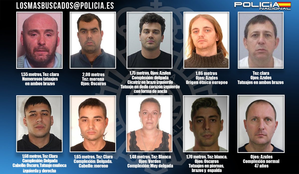 📢 ¿Reconoces sus caras? 

La <a href="/policia/">Policía Nacional</a> busca a estos diez fugitivos que podrían encontrarse en España

Si tienes algún dato que pueda ayudar a su localización, escribe ya de manera confidencial a ⤵️

📨losmasbuscados@policia.es

➕ℹ️ bit.ly/3Q2AU1V