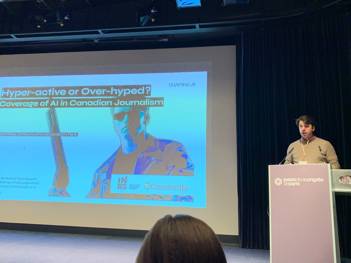 (1/4) <a href="/gdandurand/">Guillaume Dandurand</a> w/🇨🇦 (<a href="/mckelveyf/">Fenwick@mastodon.social McKelvey</a> <a href="/robergejonatha1/">roberge jonathan</a>)  work on AI in media (content analysis plus journo interviews): focus of business success stories (driven by ambition to find them); strong presence of AI poster figures; Terminator most prominent critical voice. #ica22