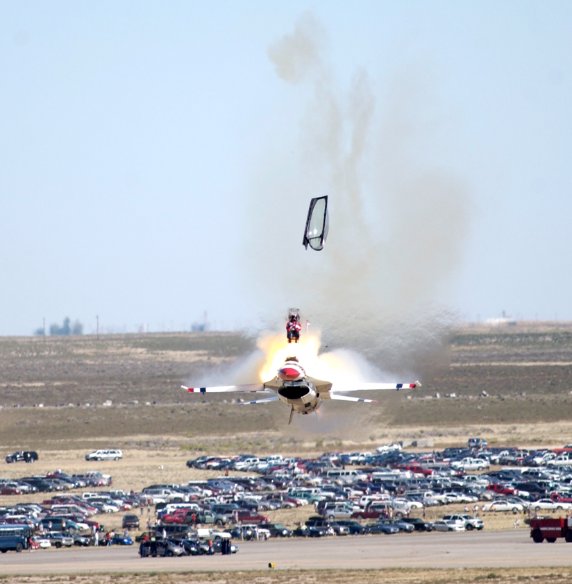 Bang!!
A fantastic image of USAF pilot Chris Striklin ejecting from his F-16 aircraft at an altitude of just 140 feet. The pilot (of the 'Thunderbirds' 2003 aerobatic team) survived, but his F-16 was not so lucky. Thankfully it crashed in an empty area of the display ground.
