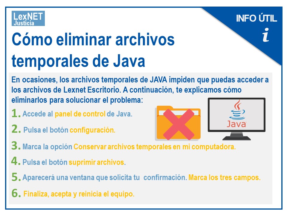 lexnetjusticia's tweet photo. Pulsa la siguiente imagen para saber cómo eliminar los archivos temporales🗂️ de JAVA que te impiden acceder a los archivos de #LexNET. 👍🏼Para más información accede al siguiente enlace: https://t.co/Oc4xXUbteS https://t.co/spebci0IK1