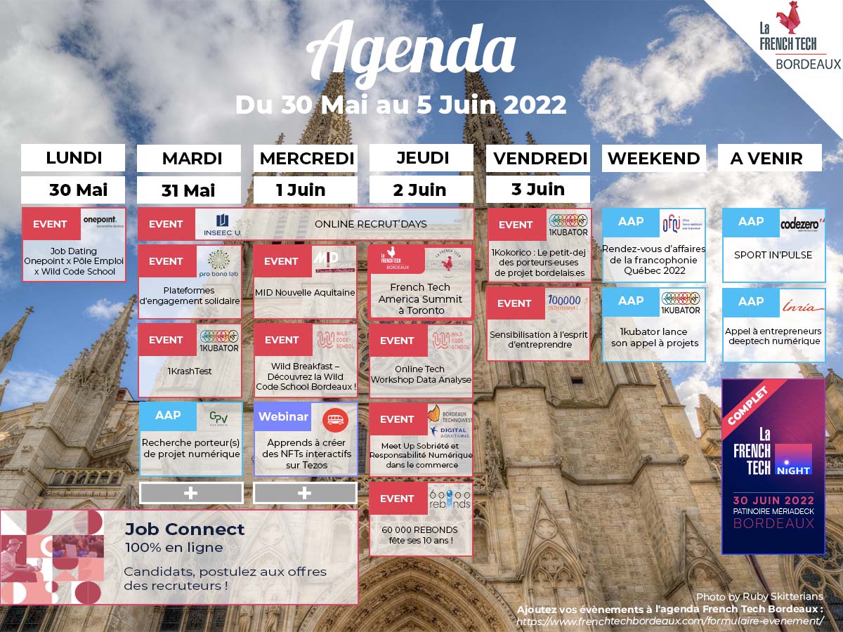 FrenchTechBdx's tweet photo. 🗓 Vos événements #FrenchTech #Bordeaux de cette semaine ➡️ #JobConnect, #FrenchTechNight, @onepoint, @inseec_ge, @ProBonoLab, @1Kubator, @DigitAqui, @Bdx_Technowest, @WCS_NA, @LeWagonBordeaux, @100000e, @60000rebondsfr... 🔥

L'agenda 👉 https://t.co/PR7mwbUoLm https://t.co/9pCVd8FZE5