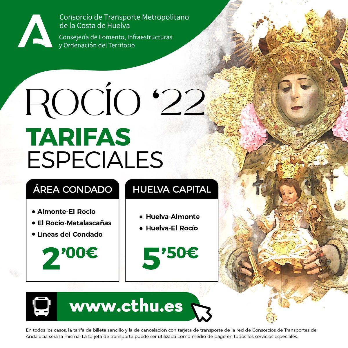 CtmHuelvacosta's tweet photo. El Consorcio de Transporte Metropolitano de la Costa de Huelva #CTHU mantiene sus tarifas de 2019 para los días de la Romería.
🚌 ÁREA CONDADO
Almonte – El Rocío
El Rocío – Matalascañas
Líneas del condado
🟢 𝟮 €
🚌 HUELVA CAPITAL
Huelva – Almonte
Huelva – El Rocío
🟢 𝟱,𝟱 € https://t.co/EG8XnH70Zy