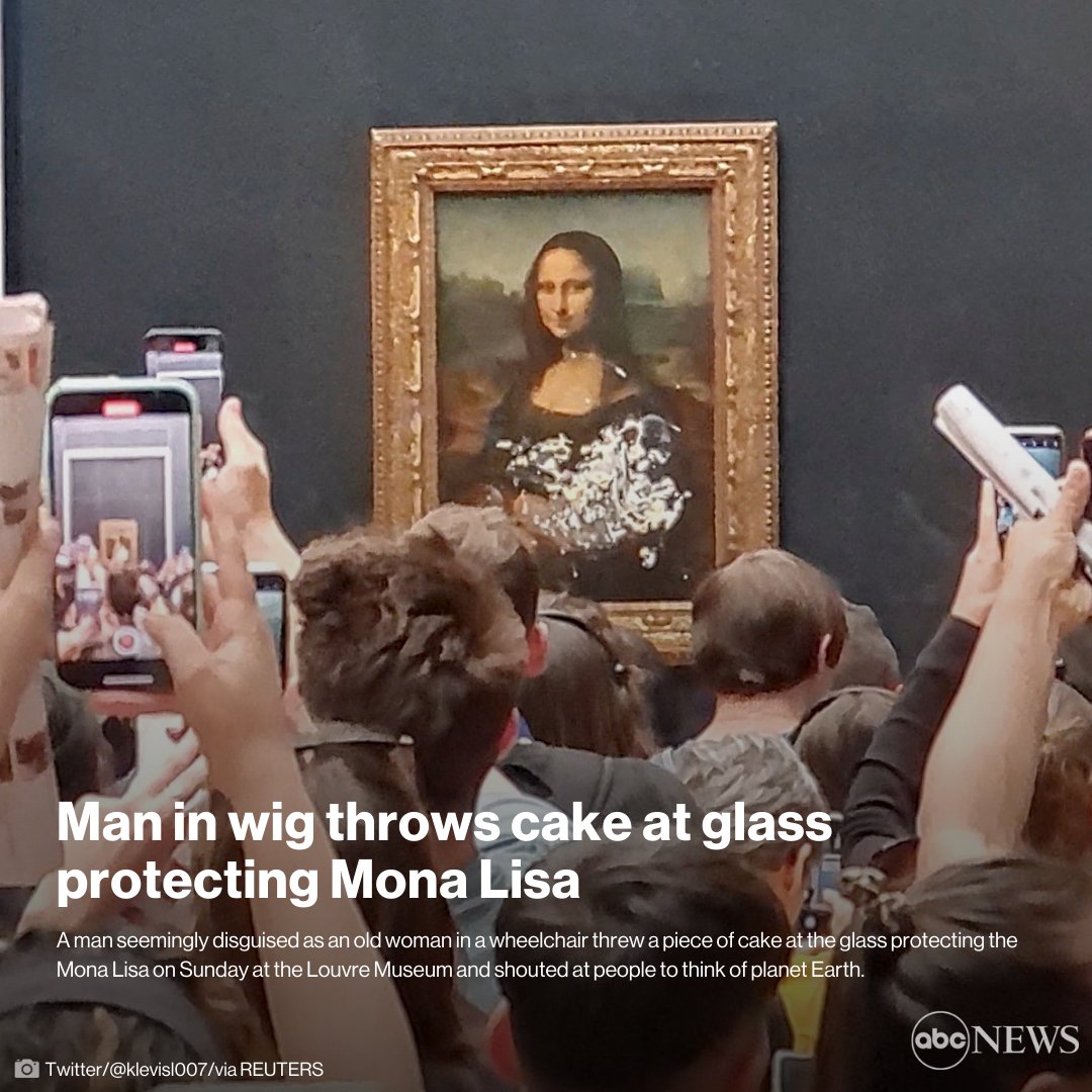 Man in wig throws cake at glass protecting Mona Lisa