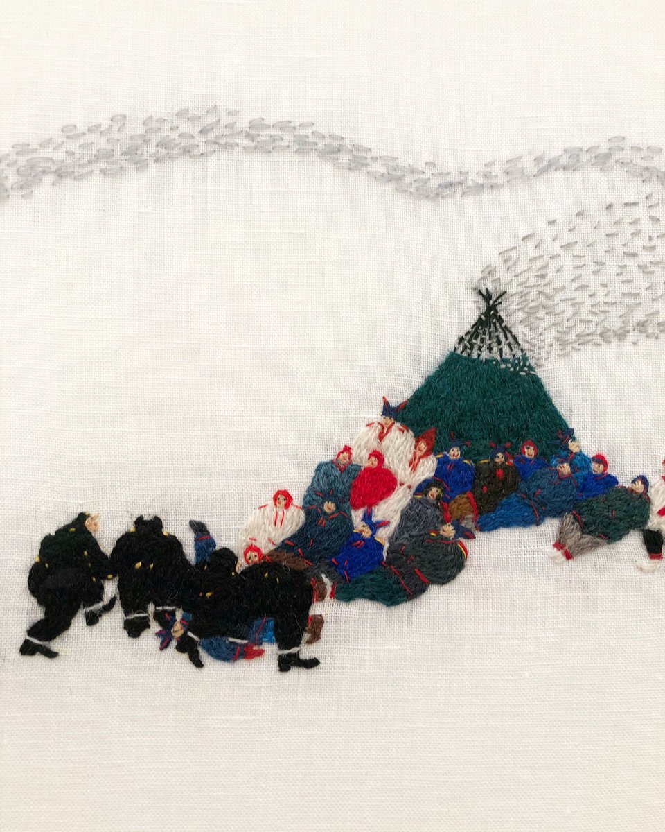 Britta Marakatt-Labba’s <a href="/ikongallery/">Ikon</a> show explores how the Sámi people, indigenous to Scandinavia, have experienced &amp; resisted colonialism &amp; climate change. ‘Garjját/The Crows’ (1981/2021, details) documents protests against the expansion of a Norwegian hydropower plant in Áltá.