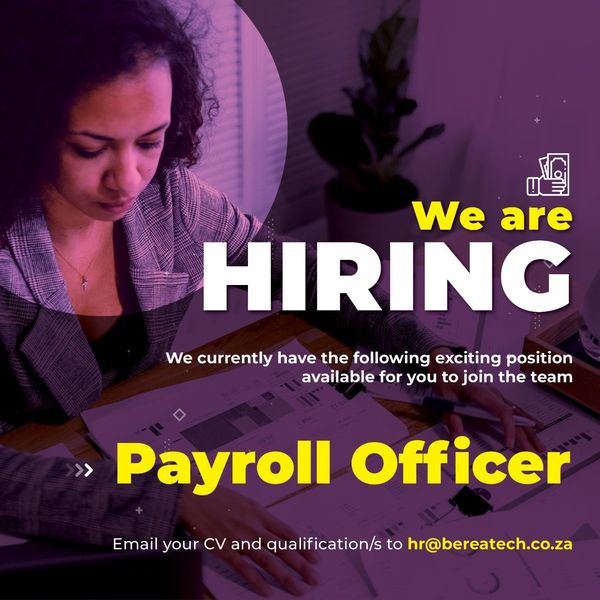 Berea_Tech's tweet image. We are hiring in Durban
1. Payroll Officer
2. Recruitment Officer
3. Service Manager
4. Customer Relationship Manager

Kindly use the position as the subject line &amp;amp; email your full cv to the address below. Successful candidates will be contacted.
Good luck! 

 hr@bereatech.co.za