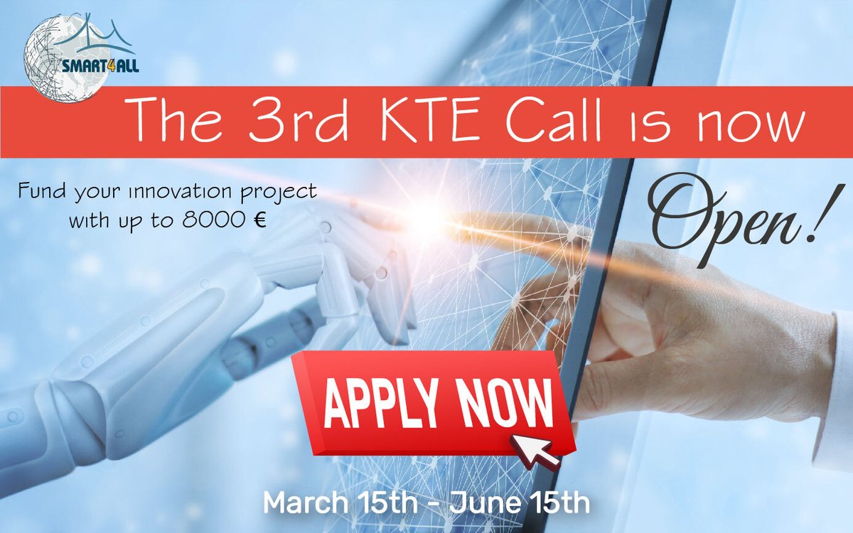 eucallsnet's tweet photo. 🪙📣@Smart_4All 3rd #OpenCall on #KnowledgeTransferExperiments: Fund your #InnovationProject with up to €8,000!
ℹ Learn more about the open call: https://t.co/0wYKRvhL14
➡ Find the call on the #EUcalls platform: https://t.co/tNklYelTxs
📆 Submission deadline: June 15, 2022. https://t.co/4dZP6FcsVX