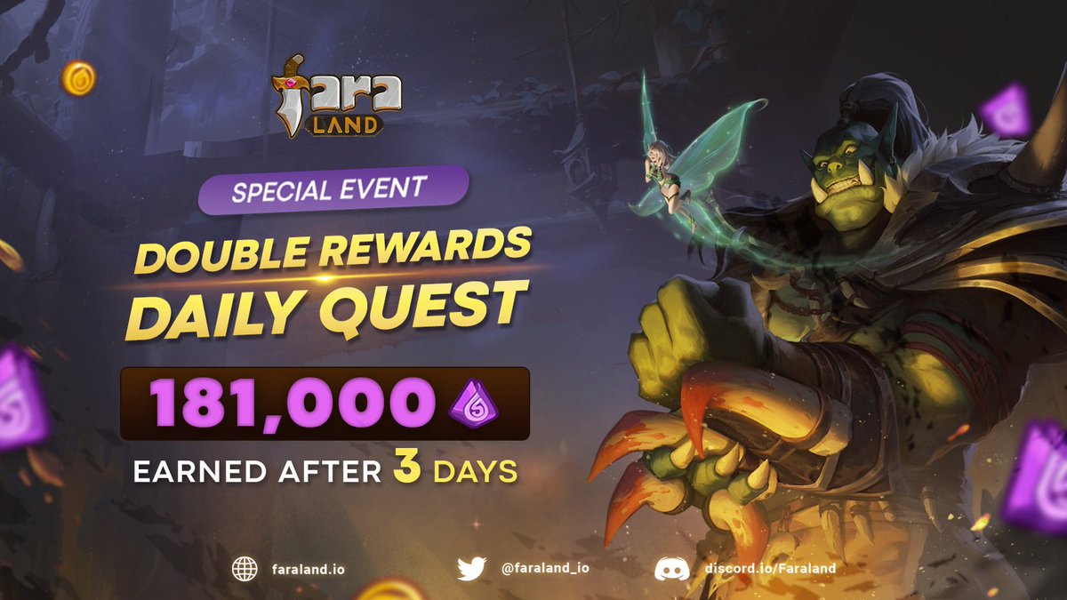 🔥Double Rewards from Daily Quests🔥

More than 181,000 Soul Stones were earned after 3 days of the event 

⏰ May 27 - June 3, 2022

Keep supporting Faraland and get ready for the next exciting events 🥳

Stay tuned!

#Faraland #BNBChain