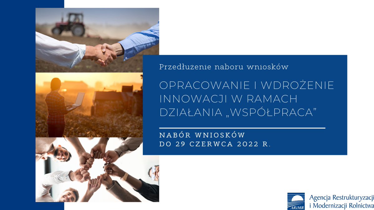 ARiMR_GOV_PL's tweet photo. 📆Termin składania wniosków o wsparcie w ramach działania „Współpraca” został przedłużony do 29.06 br. O pomoc mogą ubiegać się grupy operacyjne EPI  działające na rzecz innowacji w rolnictwie i na obszarach wiejskich. Limit wsparcia to nawet 12 mln zł.
👉https://t.co/zfeNL2eBMH https://t.co/QFHZ3xAWH1