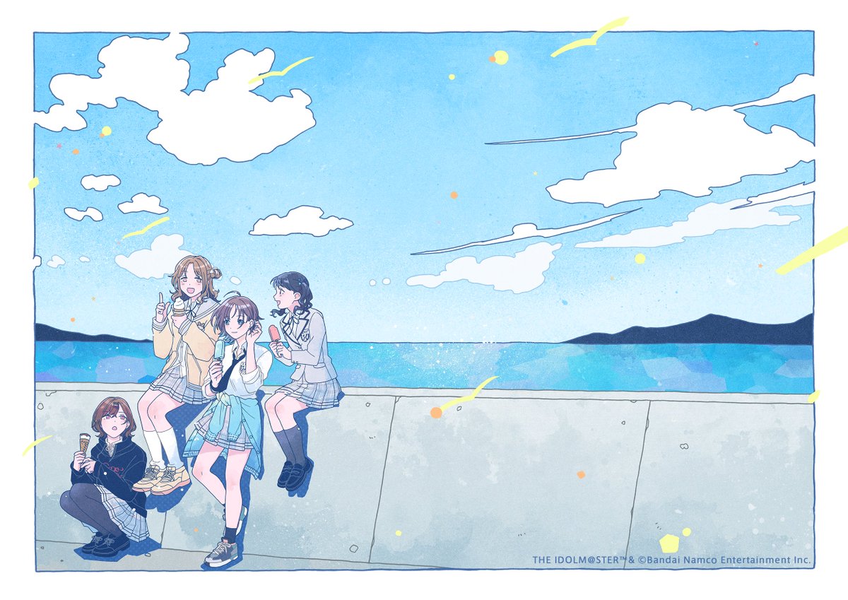 asakura toru ,fukumaru koito ,higuchi madoka ,ichikawa hinana multiple girls 4girls skirt school uniform outdoors sky clothes around waist  illustration images