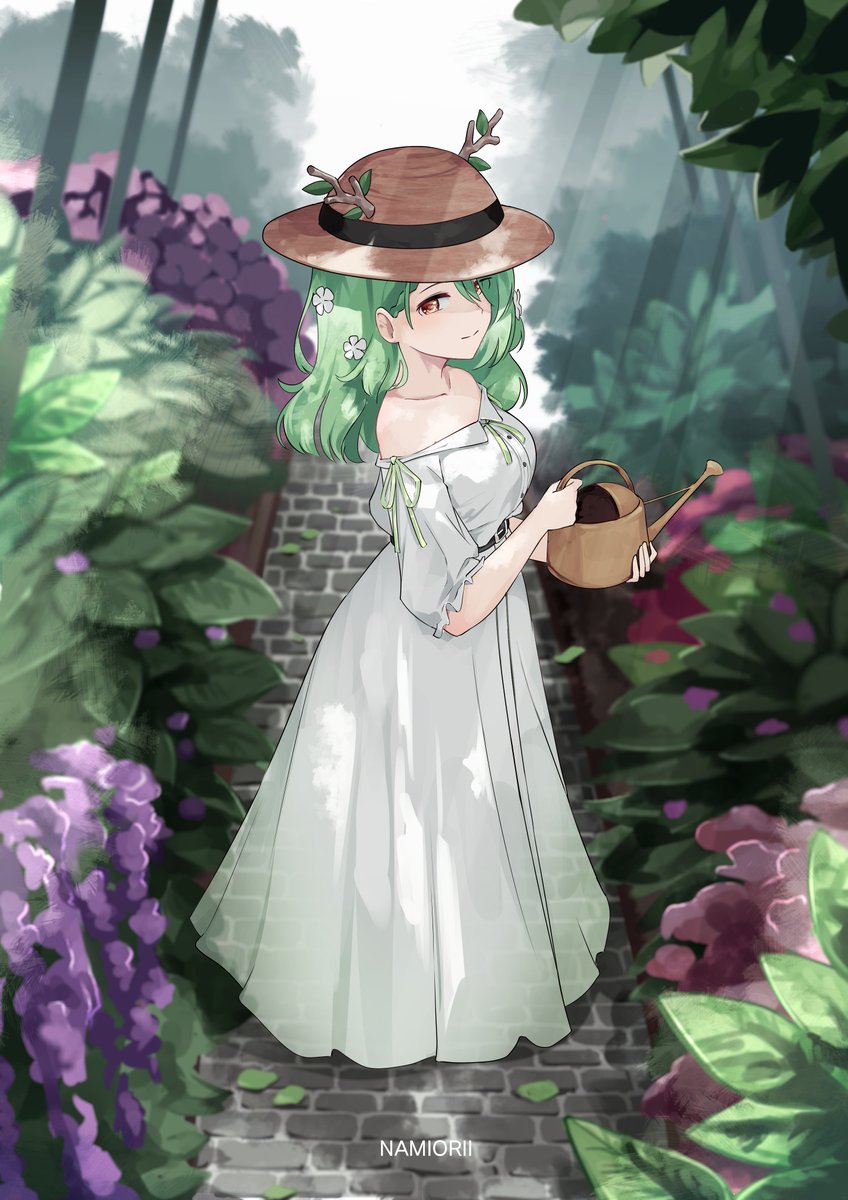 ceres fauna 1girl dress green hair flower hat solo white dress  illustration images