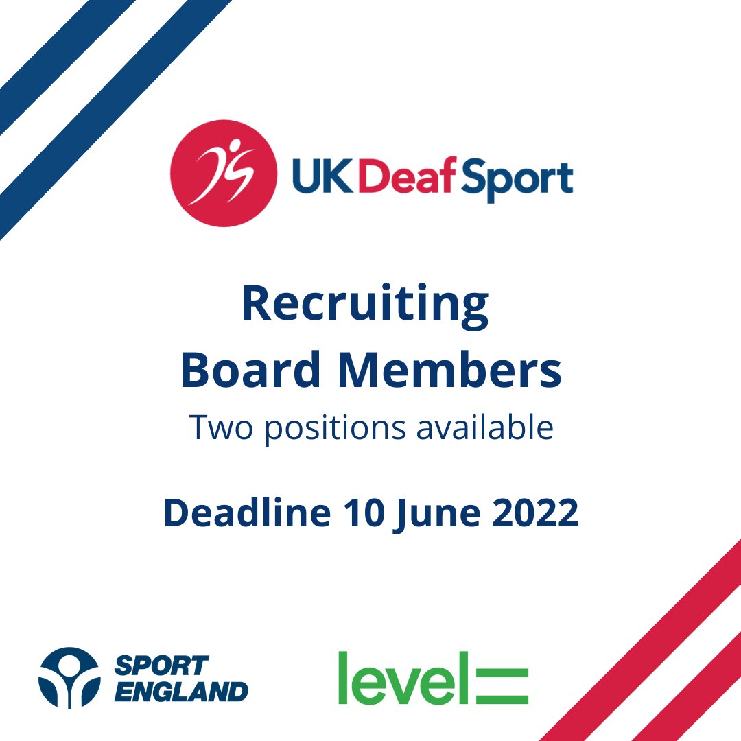 deafsport's tweet image. Do you have a passion for Deaf Sport? Some spare time? Apply to our Board of Directors with @sportengland.
Deadline 10 June with @level equals. #BSL translation available -  ukdeafsport.org.uk/uk-deaf-sport-…
#UKdeafsport #levelequals #NED #boardofdirectors #volunteer #unitingthemovement